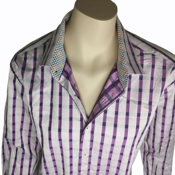 𝅺Bugatchi Uomo Mens Shirt Button Up Contrast Flip Cuff Cotton Casual Size Large - Picture 2 of 14